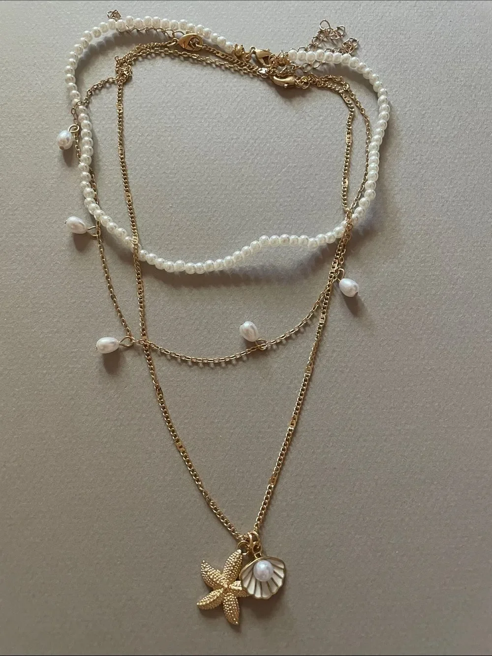 Gold White Pearl Layered Necklace with Sea Charms N1486